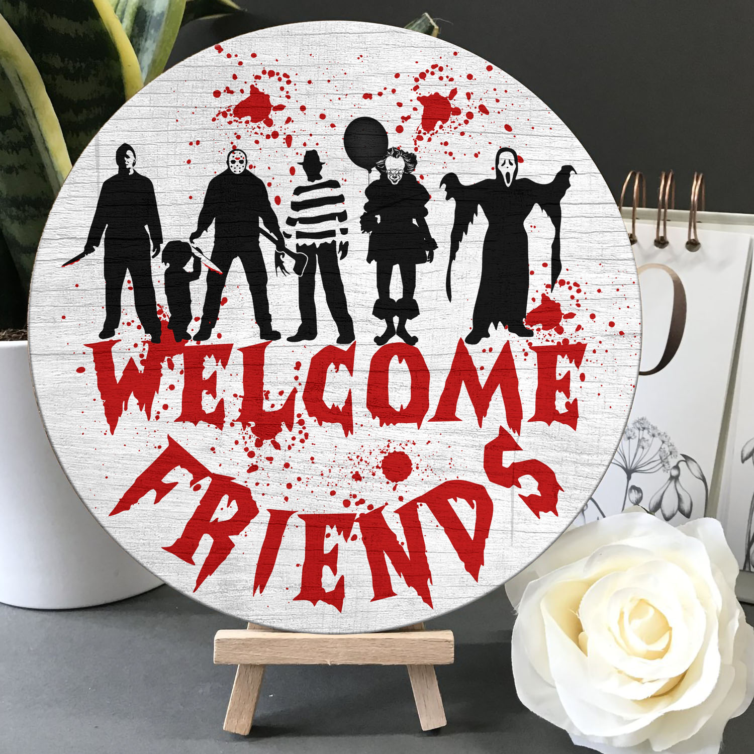 32 HG. Welcome Friends Horror Door Sign Mockup 5