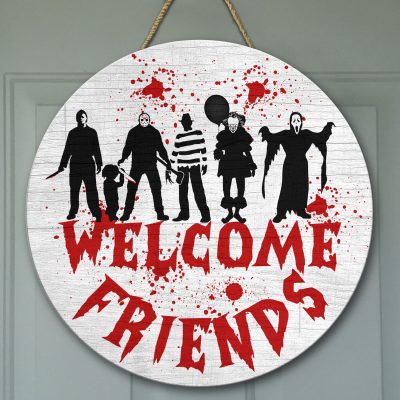 Horror Friends Welcome Halloween Wooden Door Sign - Horror Movie Characters Sign Indoor Outdoor Decor