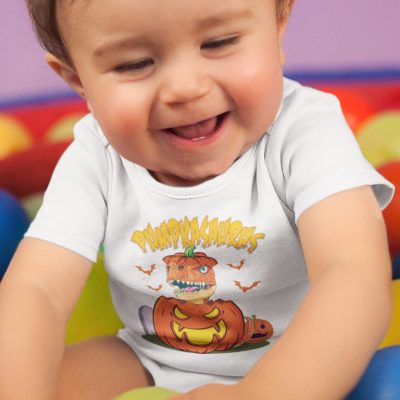 Alternative view of Pumpkasaurus Babysaurus Funny Halloween Pumpkin and Dinosaur Baby Onesie - Hocus Pocus Infant Bodysuit