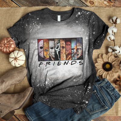 Friends Horror Movie Characters Sublimation Bleached T-shirt - Halloween Friends Bleached Shirt