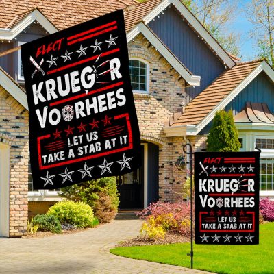 Alternative view of Elect Krueger Voorhees Let Us Take A Stab At It Garden Flag - Funny Halloween Krueger Voorhees 2024 House Flag