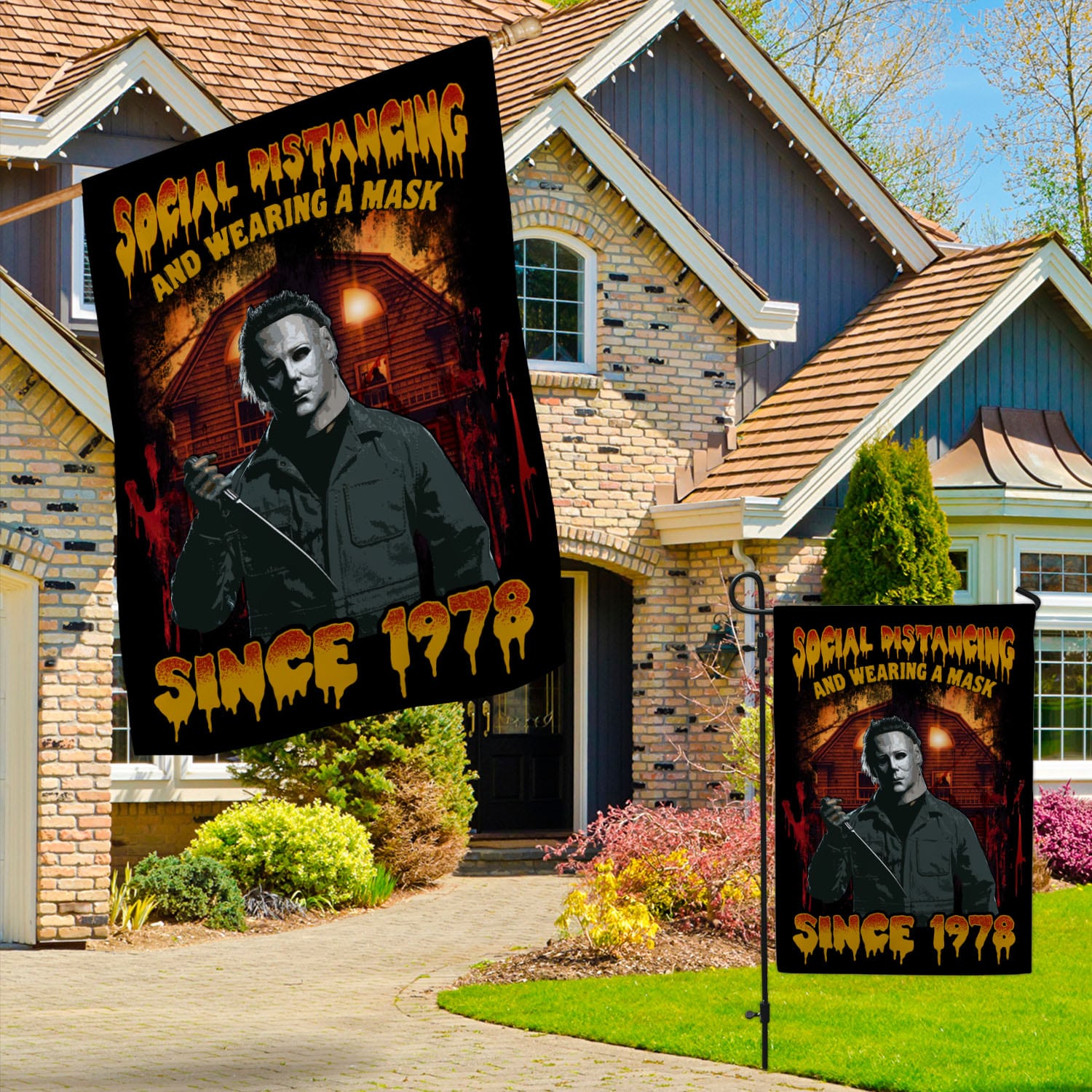 6VT. Social Distancing And Wearing Mask Michael flag Garden & House Mockup 3