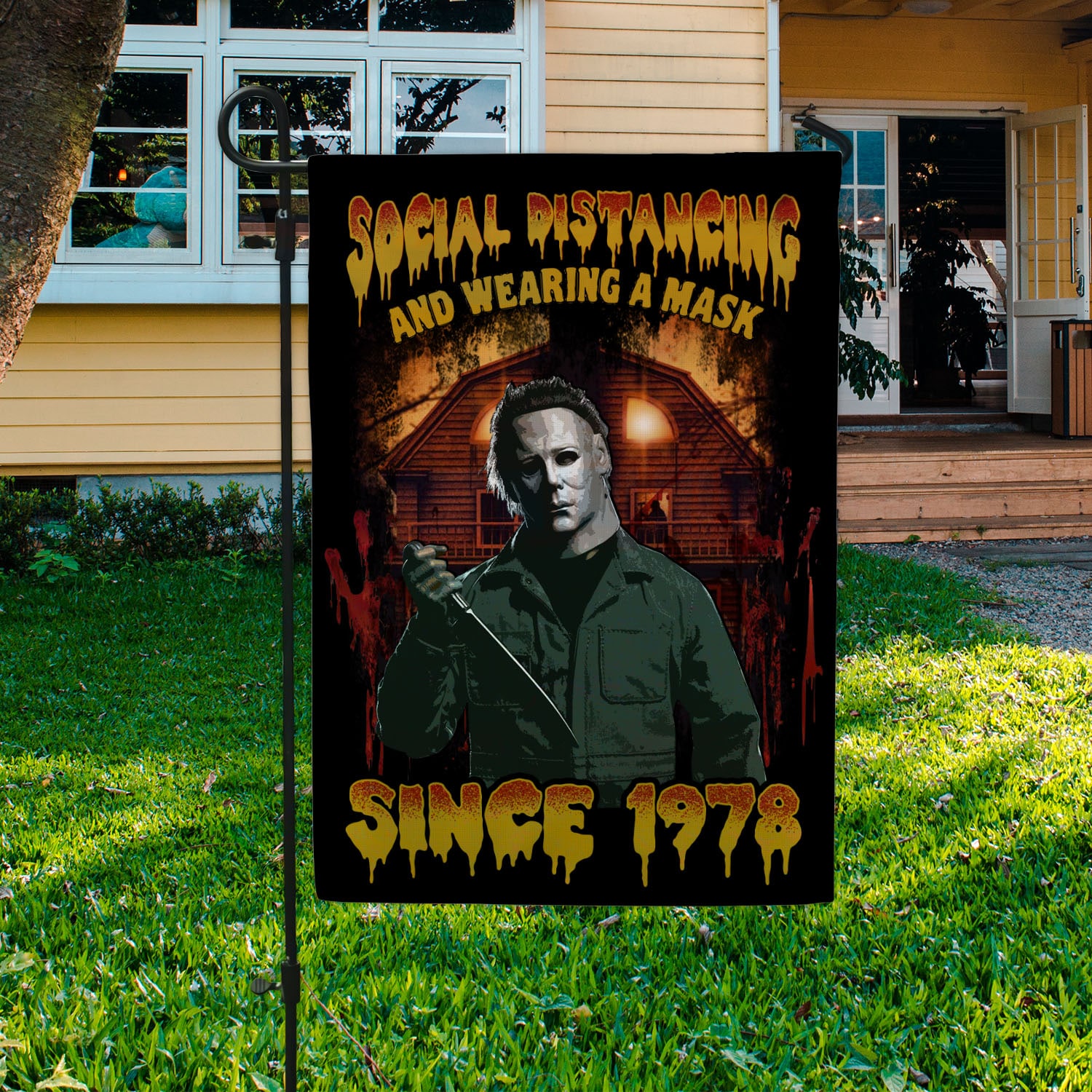 6VT. Social Distancing And Wearing Mask Michael flag Garden Flag Mockup 3