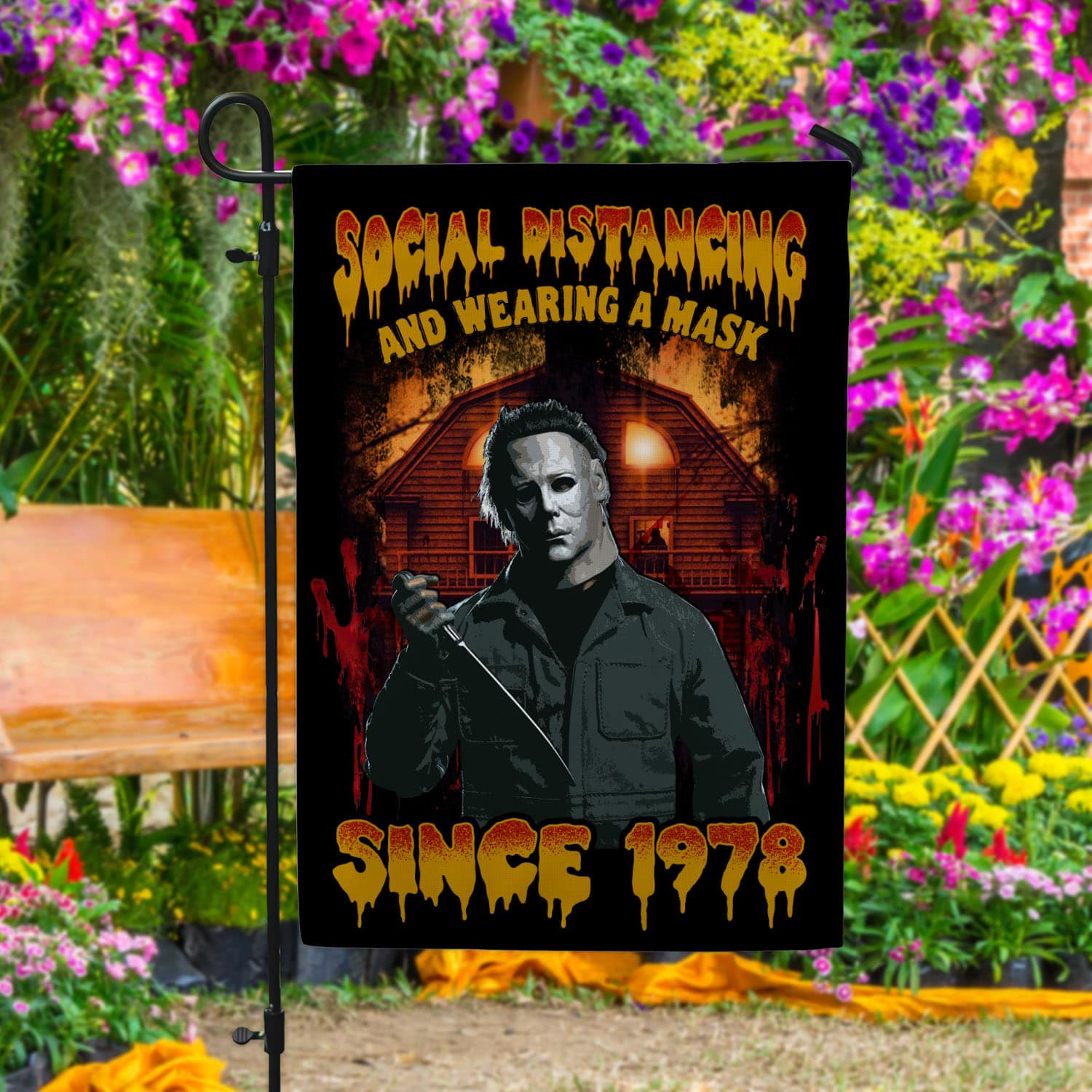 6VT. Social Distancing And Wearing Mask Michael flag Garden Flag Mockup 4