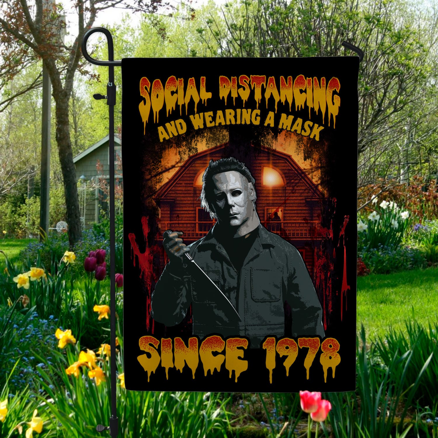 6VT. Social Distancing And Wearing Mask Michael flag Garden Flag Mockup 5