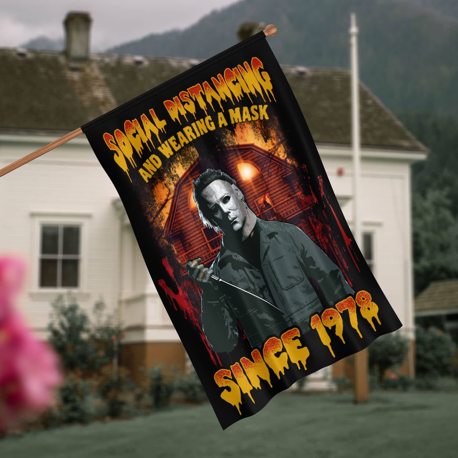 6VT. Social Distancing And Wearing Mask Michael flag House Flag Mockup 4