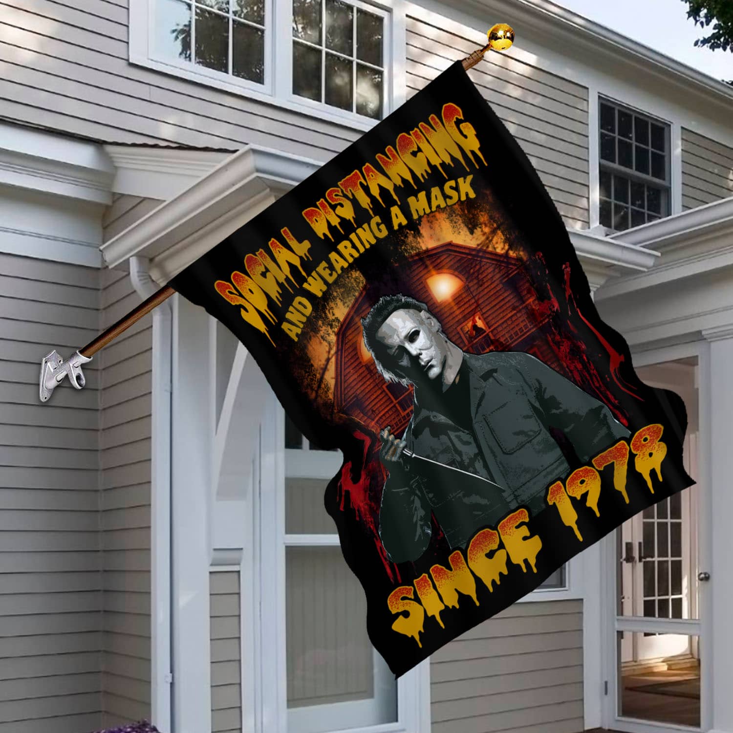 6VT. Social Distancing And Wearing Mask Michael flag House Flag Mockup 6