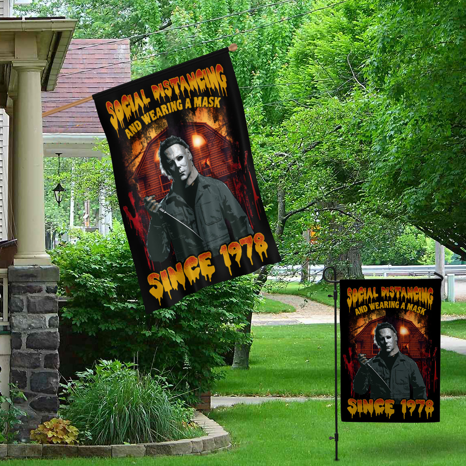 6VT. Social Distancing And Wearing Mask Michael flag Garden & House Mockup 1