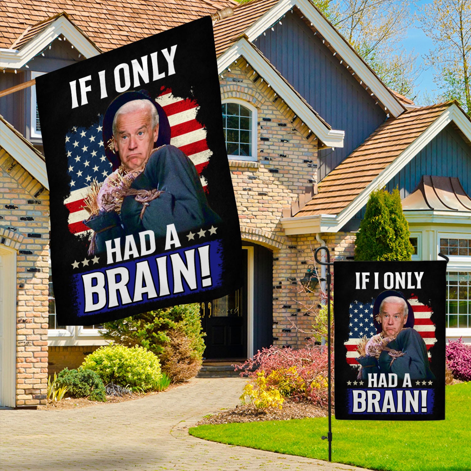4VT. Had A Brain Biden Scarecrow flag Garden & House Mockup 3