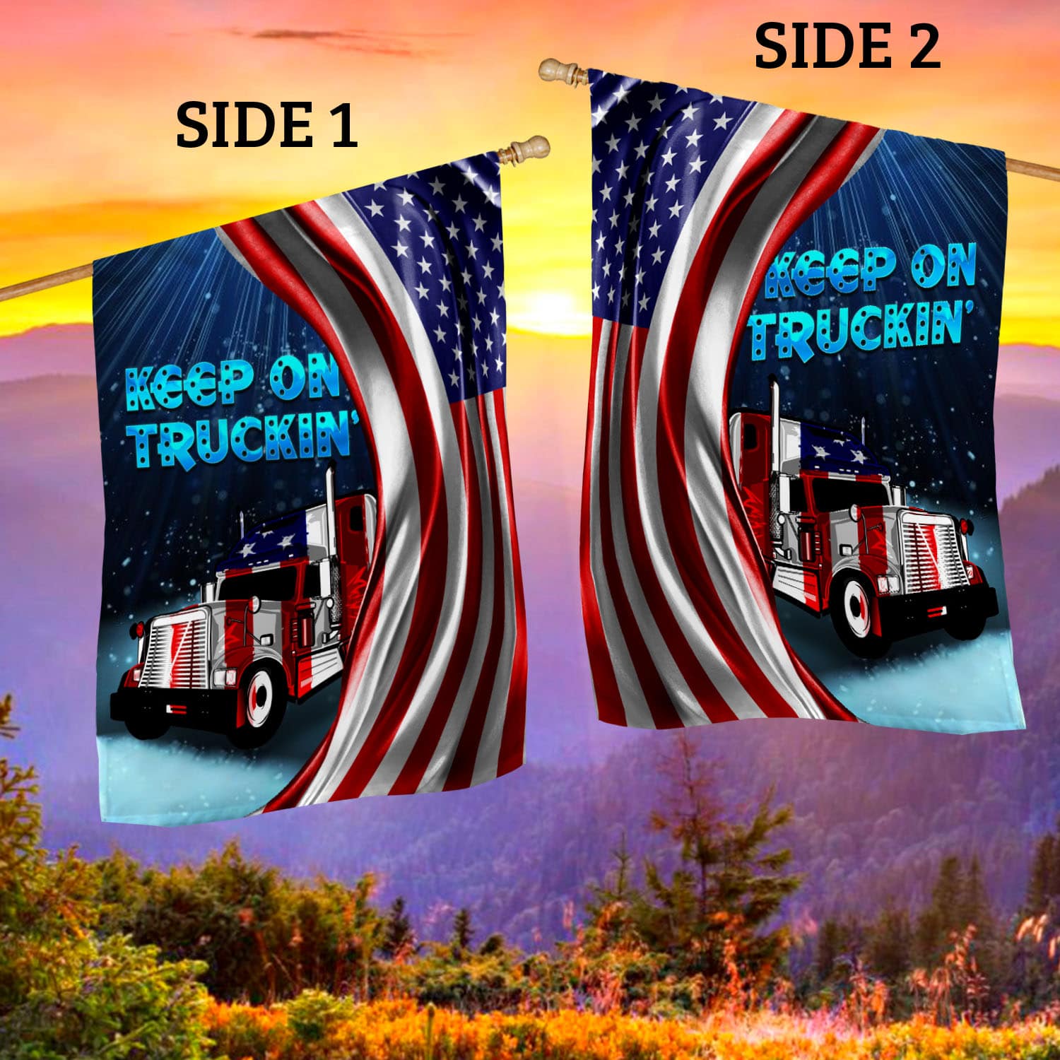 6BN. Keep On Truckin' 30x40 House Flag Mockup 2 Side