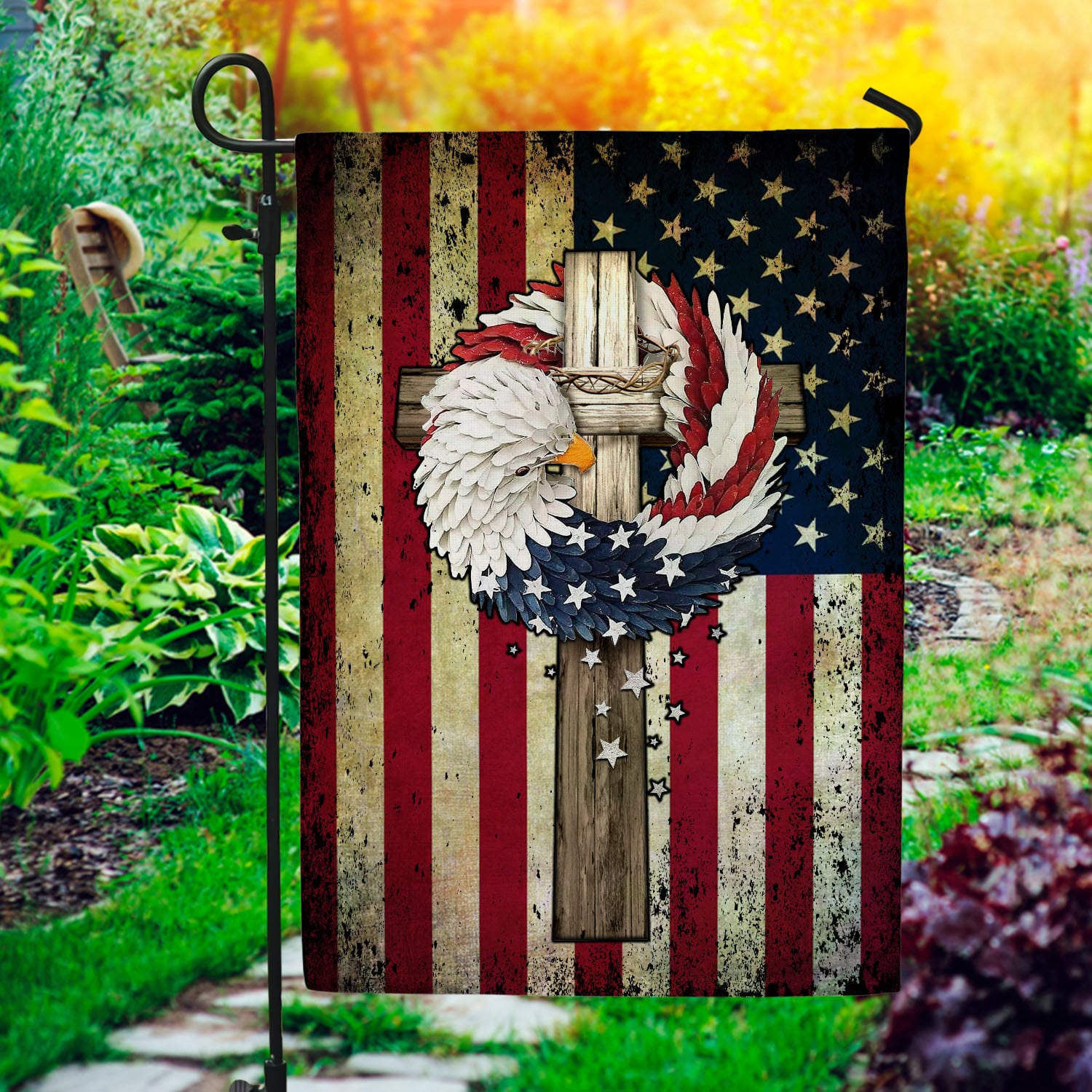 6BN. Cross Eagle Wreath 30x40 Garden Flag Mockup 1