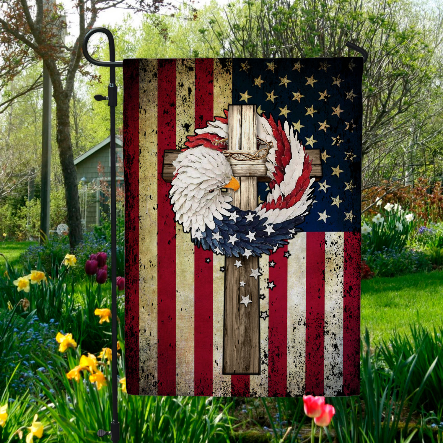 6BN. Cross Eagle Wreath 30x40 Garden Flag Mockup 5