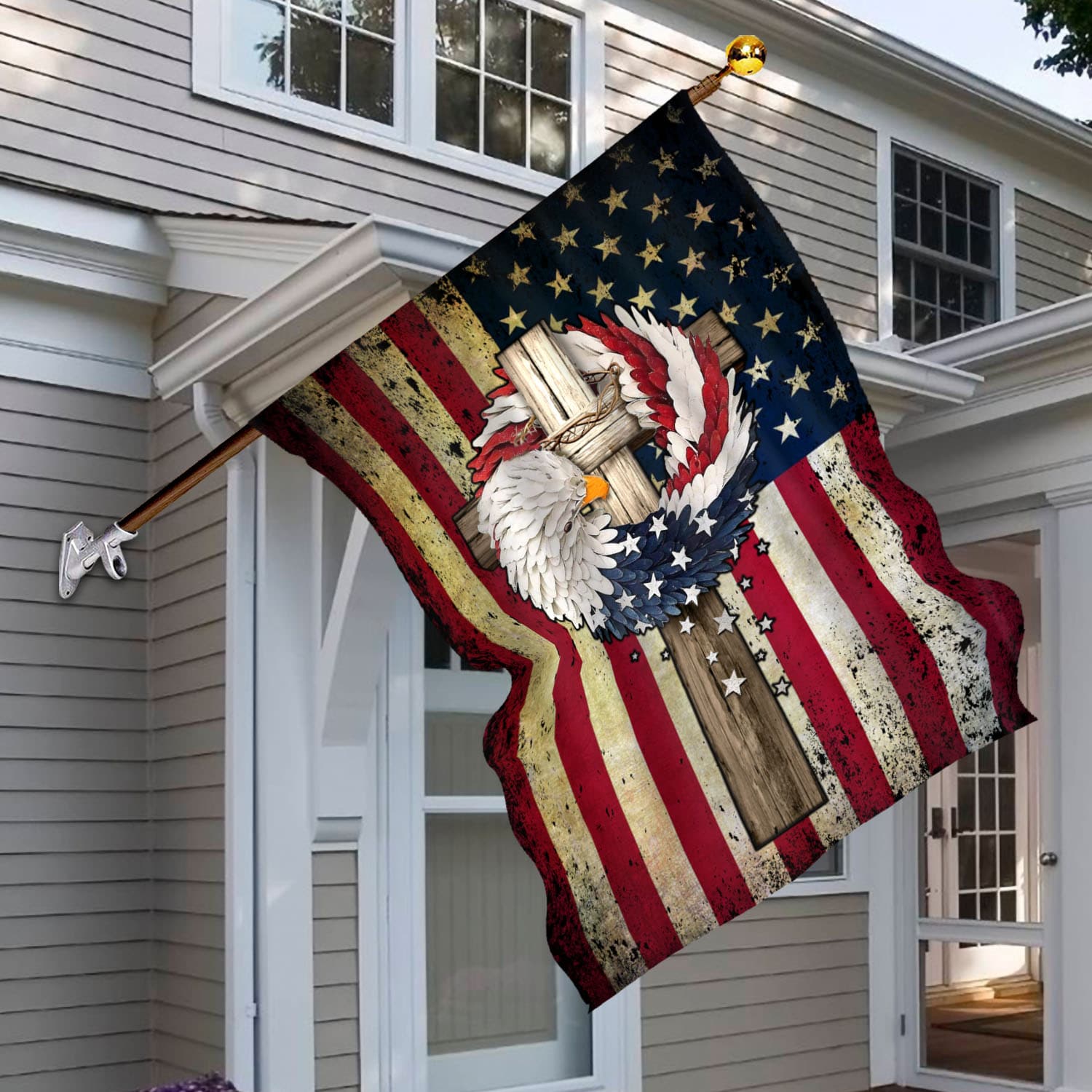 6BN. Cross Eagle Wreath 30x40 House Flag Mockup 6