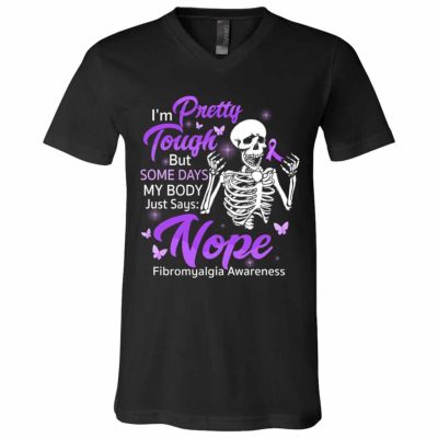 4Th. Pretty Tough Fibromyalgia, Black, V-Neck T-Shirt