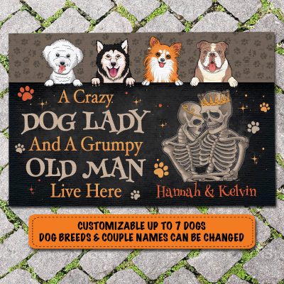 Personalized Dog Breeds Dog Mom Dad Couple Names Doormat Gift - A Crazy Dog Lady And A Grumpy Old Man Skull Couple Live Here Doormat