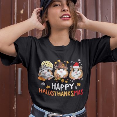 Alternative view of Happy Hallothanksmas Halloween Thanksgiving Christmas Guinea Pigs T-Shirt - V-Neck Shirt