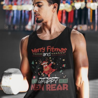 Merry Fitmas And A Happy New Rear Cotton Tank Top Tee - Ladies Racerback Tank - Christmas Workout Tank Top