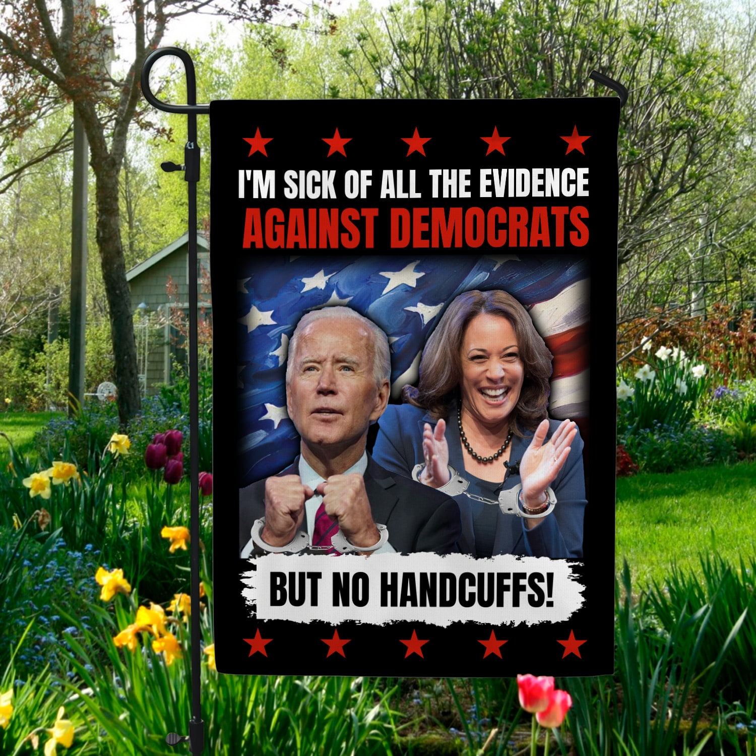 3NH. Against Democrats Garden Flag Mockup 5