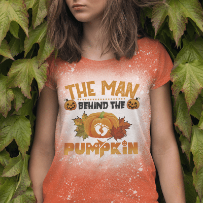 The Man Behind The Pumpkin Bleached T-Shirt - Halloween Belly Couples Maternity Bleached Shirt
