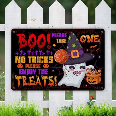 Boo Please Take One No Tricks Please Enjoy The Treats Metal Sign - Halloween Please Take One Candy Sign