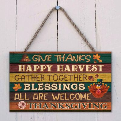 Give Thanks Happy Harvest Blessing Thanksgiving Wooden Door Sign - Front Porch Sign Indoor Outdoor Decor
