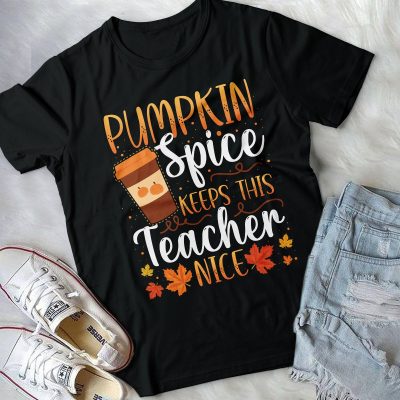 Alternative view of Pumpkin Spice Keeps This Teacher Nice T-Shirt - V-Neck Shirt - Fall Teacher Shirt