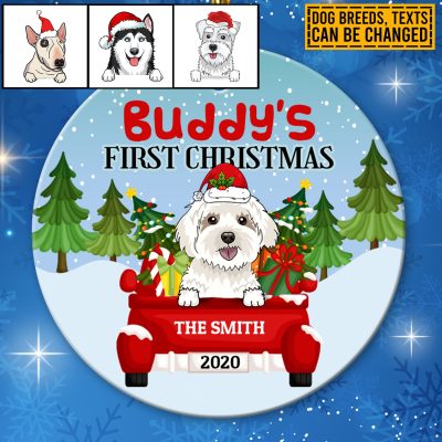 Personalized Dog's First Christmas Red Truck Circle Christmas Ornament Keepsake - Custom Dog Breeds Ornament