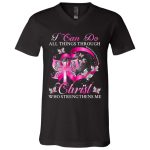 3VT. I Can Do All Things Breast Cancer, Black, V-Neck T-Shirt