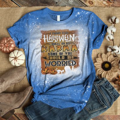 Scary Halloween Pumpkin Ghost Karm Sublimation Bleached T-Shirt - I Think For Halloween I Shall Go As Karma Bleached Shirt