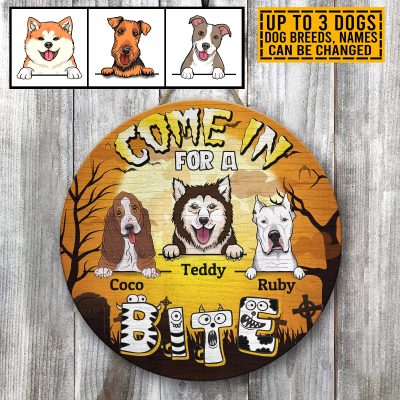 Come In For A Bite Funny Halloween Custom Dog Name Circle Wooden Door Sign – Dog Welcome Hanging Door Sign