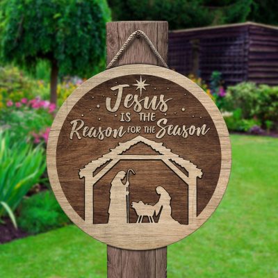 Alternative view of Christmas Jesus Is The Reason For The Season Wooden Door Sign - Fall Jesus Xmas Front Porch Sign Decor