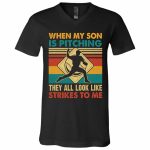 6VT. When My Son Is Pitching, Black, V-Neck T-Shirt