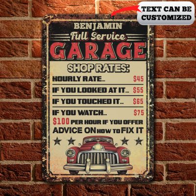 Custom Full Service Garage Shop Rates Sign Wall Decor Mechanic Gifts Retro Vintage Decorative Metal Sign - Indoor Outdoor Decor