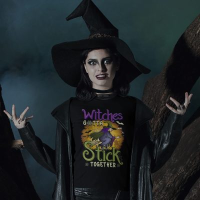 Alternative view of Witches Gotta Stick Together Funny Halloween T-Shirt - Halloween Shirt for Women