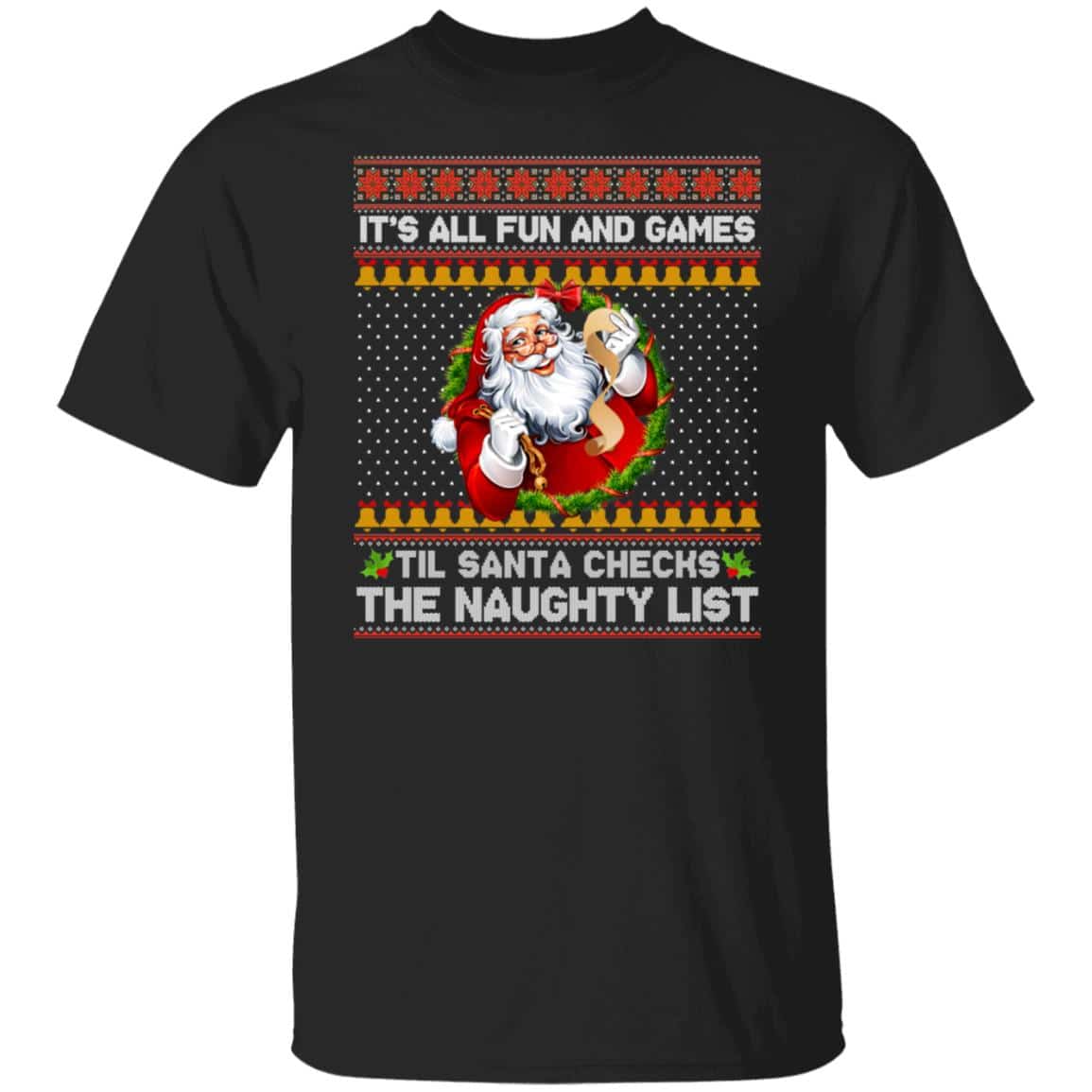1Th. Santa Checks The Naughty List (6), Black, Unisex T-Shirt