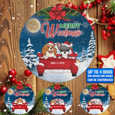 Merry Woofmas Personalized Dog Christmas Decorative Wooden Door Sign - Custom Dog Welcome Front Porch Sign