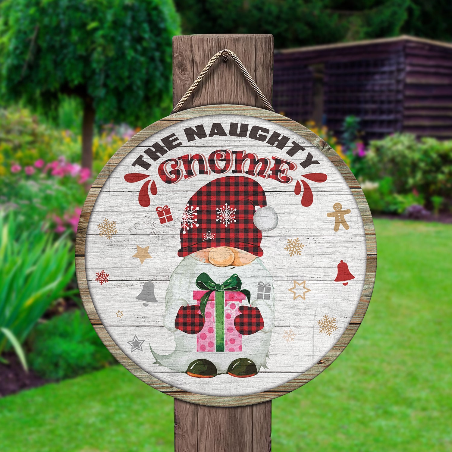 3Th. Naughty Gnome (circle wooden doorsign) Door Sign Mockup 2