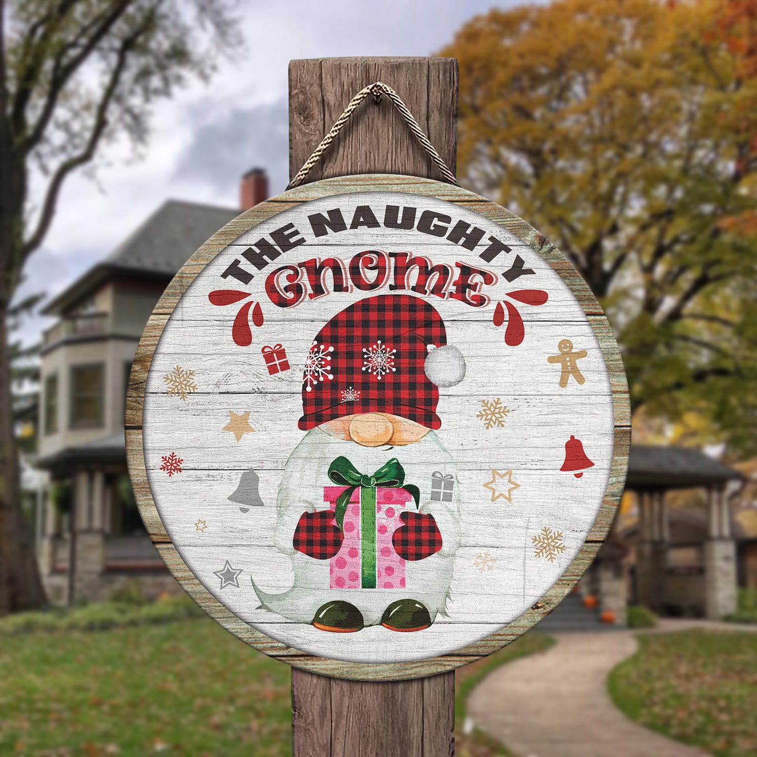 3Th. Naughty Gnome (circle wooden doorsign) Door Sign Mockup 3