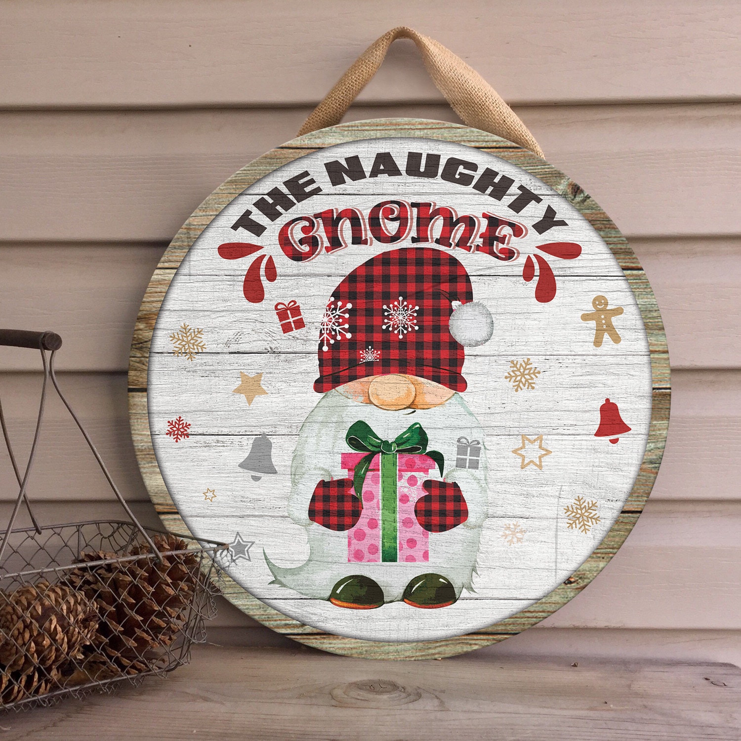 3Th. Naughty Gnome (circle wooden doorsign) Door Sign Mockup 4