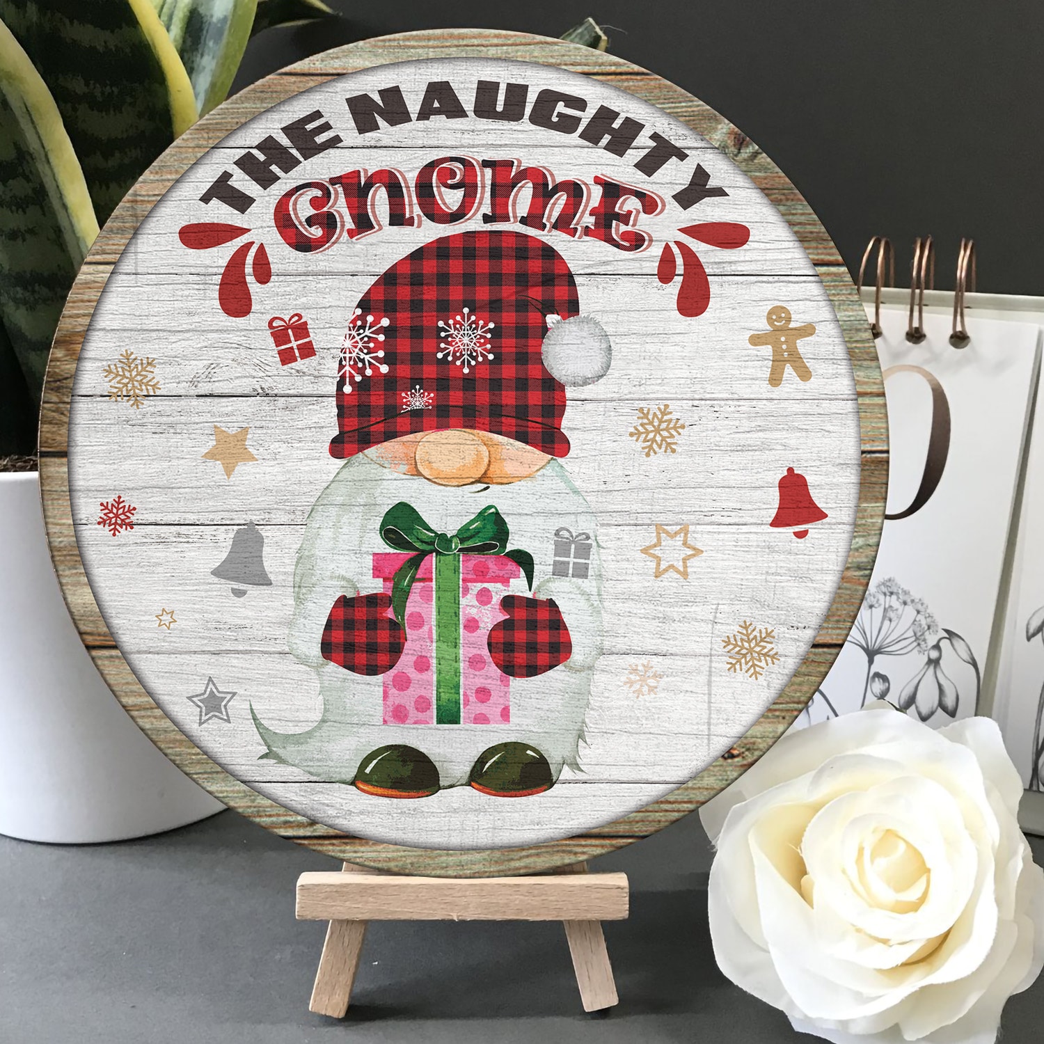 3Th. Naughty Gnome (circle wooden doorsign) Door Sign Mockup 5