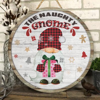 Funny Naughty Gnome Christmas Decorative Circle Wooden Door Sign - Cute Gnome Christmas Sign