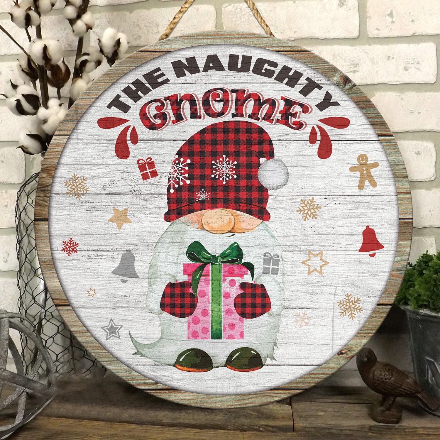 3Th. Naughty Gnome (circle wooden doorsign) Door Sign Mockup 6