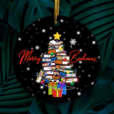 Alternative view of Merry Bookmas Bookworm Christmas Decorative Ornament - Holiday Flat Circle Ornament