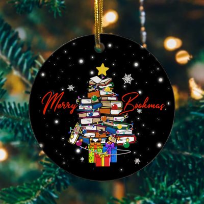 Merry Bookmas Bookworm Christmas Decorative Ornament - Holiday Flat Circle Ornament