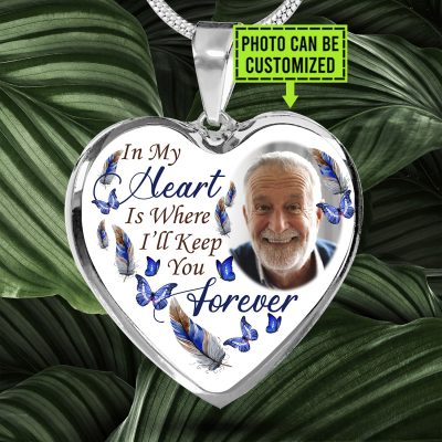 Custom Photo In My Heart Is Where I'll Keep You Forever Feather Butterfly Luxury Heart Pendant Necklace