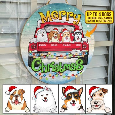 Personalized Dog Breeds Merry Christmas Decorative Circle Wooden Door Sign - Personalised Dog Christmas Sign