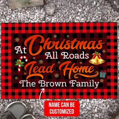 Personalized Family Name At Christmas All Roads Lead Home Doormat - Custom Christmas Welcome Mat
