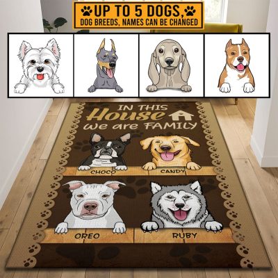 Alternative view of Personalized Dog Breeds in This House We Are Family Decorative Indoor Rectangle Rug - Funny Dogs Welcome Rug
