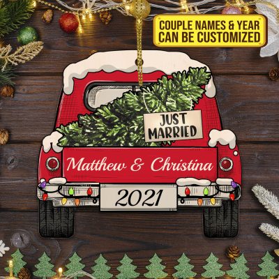 Alternative view of Personalized Wedding Couple Name Just Married Red Truck Custom Shaped Wooden Christmas Ornament Keepsake