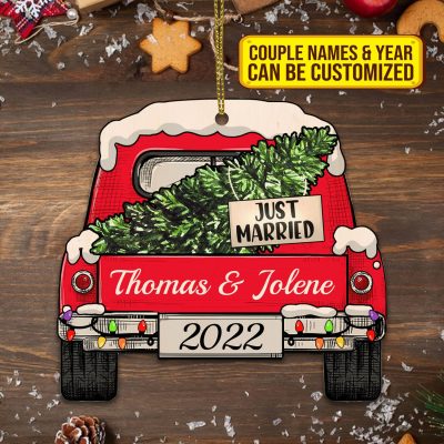Personalized Wedding Couple Name Just Married Red Truck Custom Shaped Wooden Christmas Ornament Keepsake